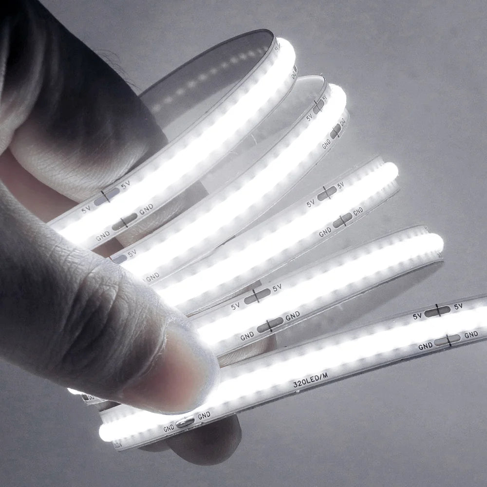 3mm 5mm PCB Battery Power COB LED Strip Light 5V Warm Natural White Blue Red Green Pink Tape 320LEDs 8mm High Density Flex Lamp