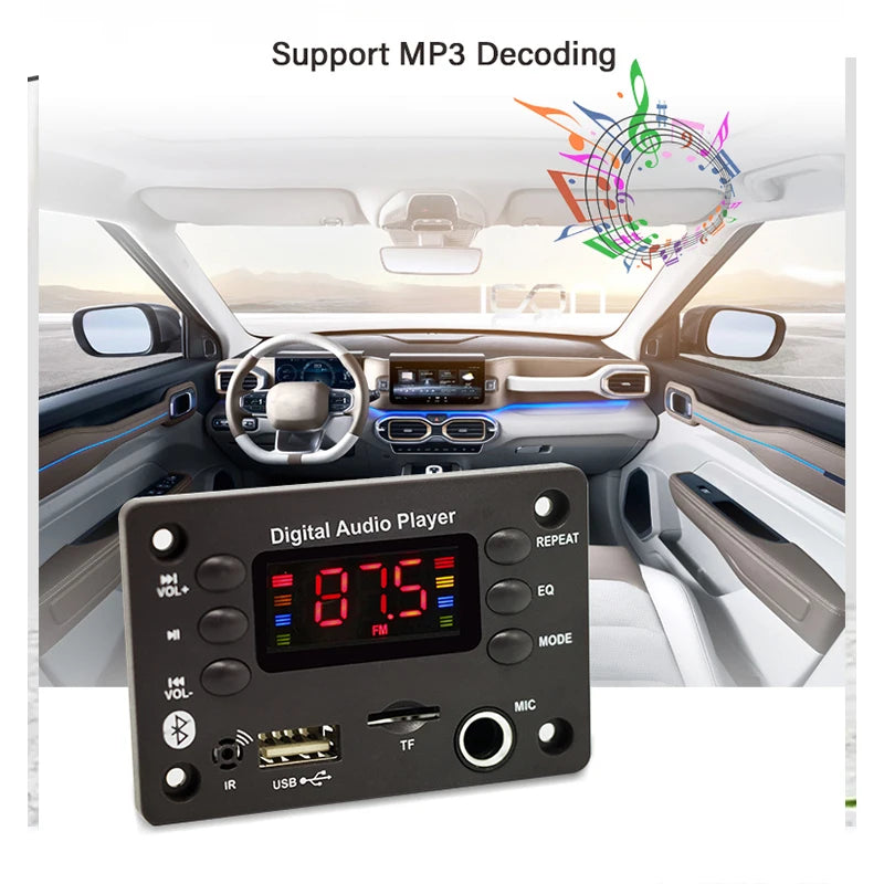DC 5V 12V Audio Player Bluetooth 5.0 MP3 Decoder Board Hands-free Car Microphone USB TF FM Radio MP3 Music Player Speaker