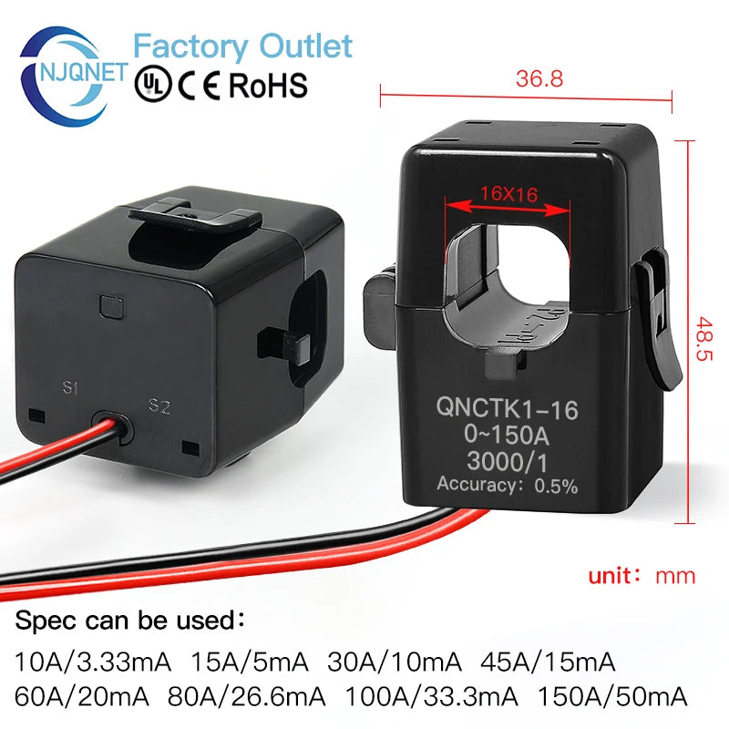 Split Core Current Transformer CT QNCTK1-10 5A 5mA 5A 2.5mA 2000 1 1000 QNCTK1-16 100A 50mA 100A 40mA Clamp Current Sensor
