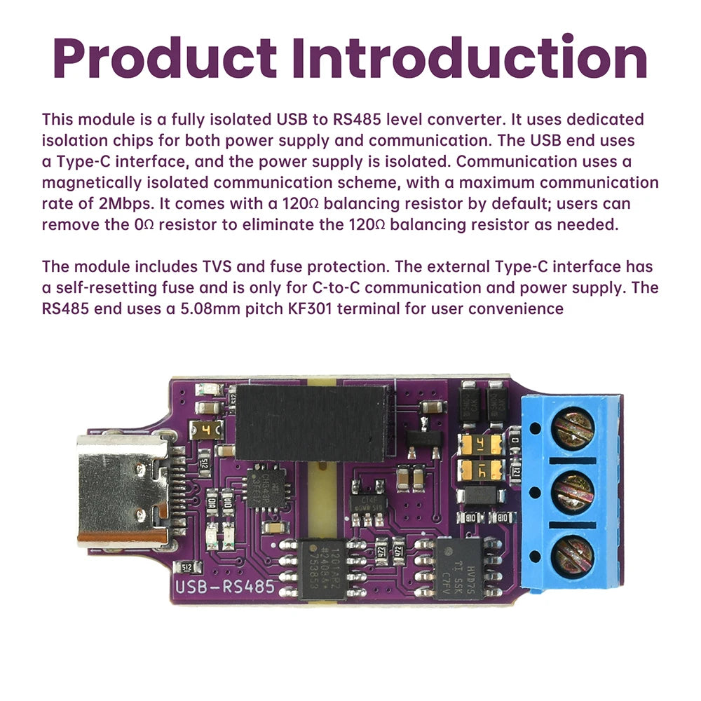 USB to RS485 Isolated Serial Port Module, Automatic Commutation, High-Speed 2Mbps Communication Power Isolation Module Type C