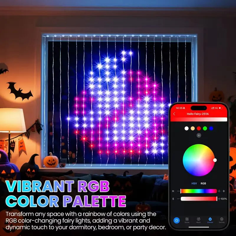 Smart RGB LED Curtain Fairy Lights, Remote-Controlled & Music-Synchronized, Indoor Outdoor Christmas Decoration Lights
