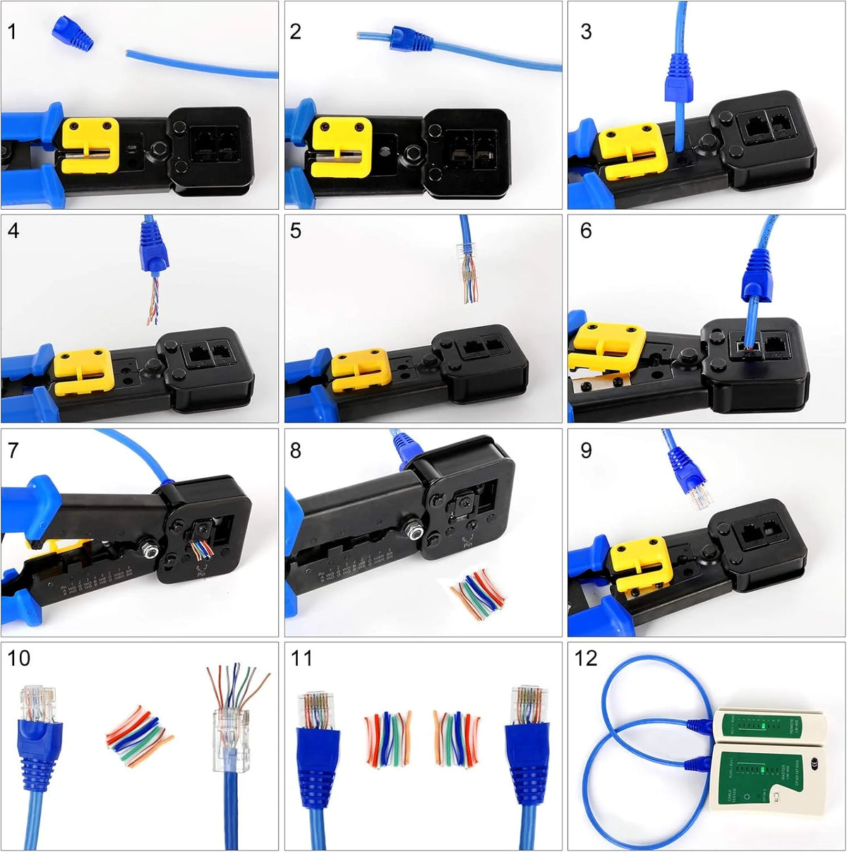 ZoeRax RJ45 Cat6/5e/5 Crimp Tool Kit with 20PCS Cat6 pass through Connectors and Covers, Wire Punch Down Cutter,Cable Tester