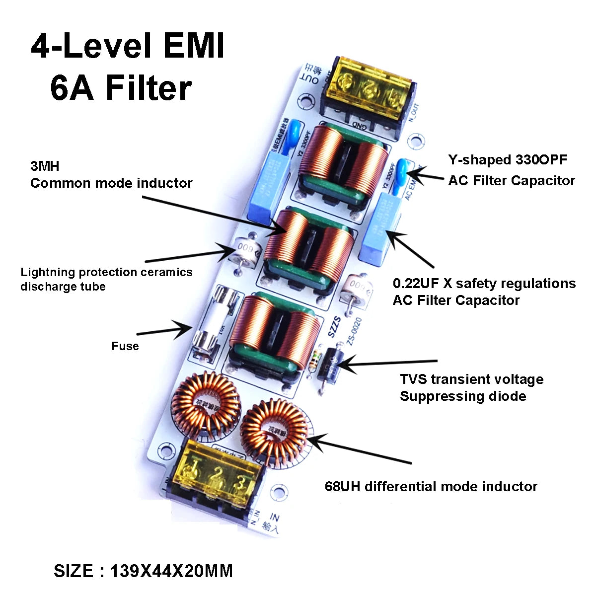 6A 10A AC EMI Filter 4-Stage Electromagnetic Interference Suppressor Power EMC Audio Amplifier Purifier Current Sound 110V 220V