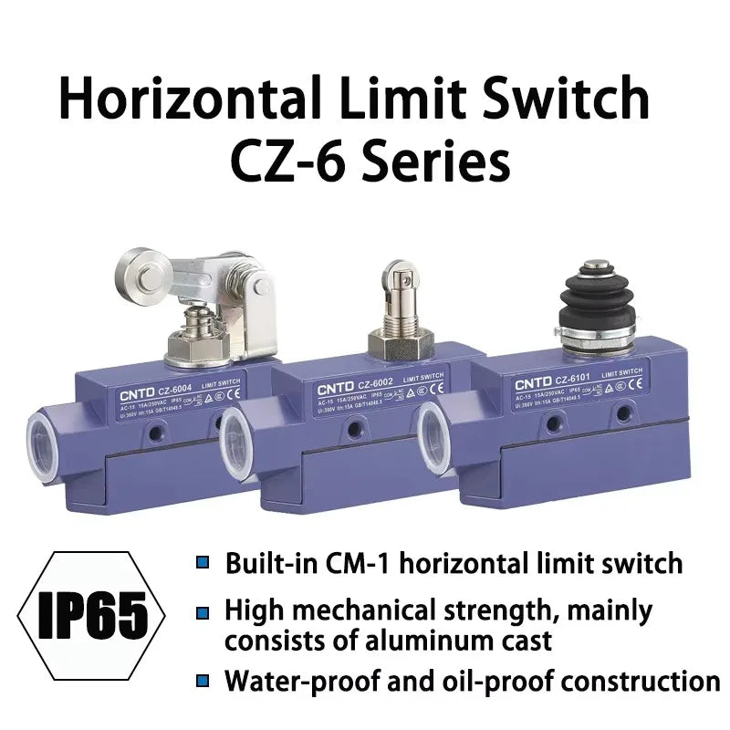 Limit Switch CNTD CZ‑6001, Sealed Horizontal Travel Switch, IP65 Waterproof, 1NO 1NC 15A 380VAC, Plastic Housing for Industrial