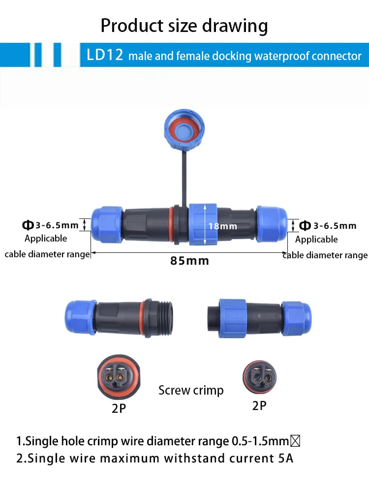 LD12 Series IP68 Waterproof Connector Male Plug & Female Socket 2 Pin Panel Mount Wire Cable Connector Aviation Plug