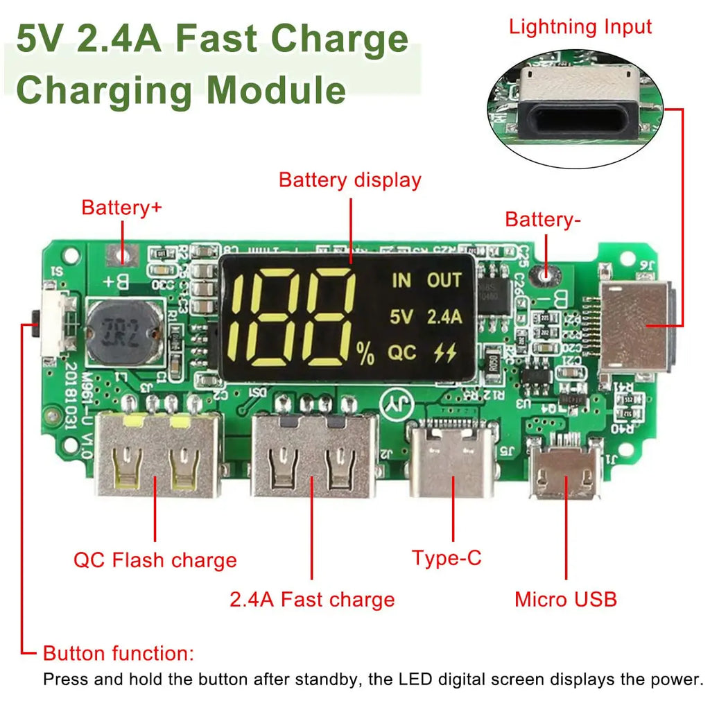18650 Charging Module Lithium Battery Charger Board LED Dual USB 5V 2.4A Micro or Type-C USB Mobile Power Bankdischarge Short