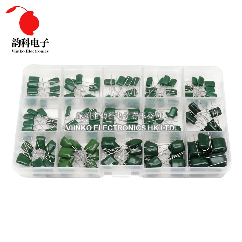 150pcs 15Values Polyester Film Capacitor Assortment Kit with Box 2A331J 2A471J 2A102J 2A103J 2A223J 2A104J 2A154J 2A224J 2A474J