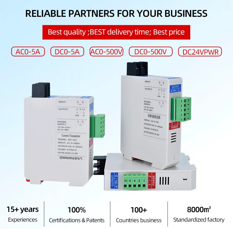 AC DC Current Transmitter Sensor AC 0-5A Input 4-20mA 0-10V Output DC 24V 220V Power Supply  Voltage Transducer