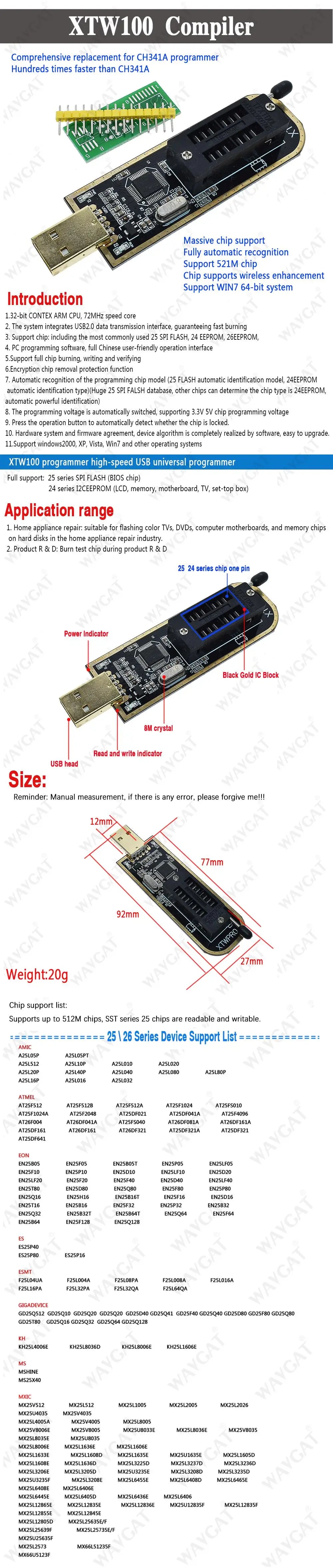 XTW100 CH341A USB Programmer with Software Driver 24 25 Series EEPROM Flash BIOS SPI FLASH Motherboard Multifunctional upgrade