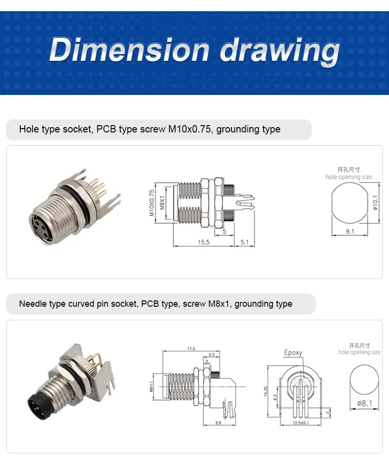 CAZN M8 Angled Male Back Mount Socket 3/4/5/6/8 Core Aviation Plug IP67/68 Waterproof Welding PCB Connector