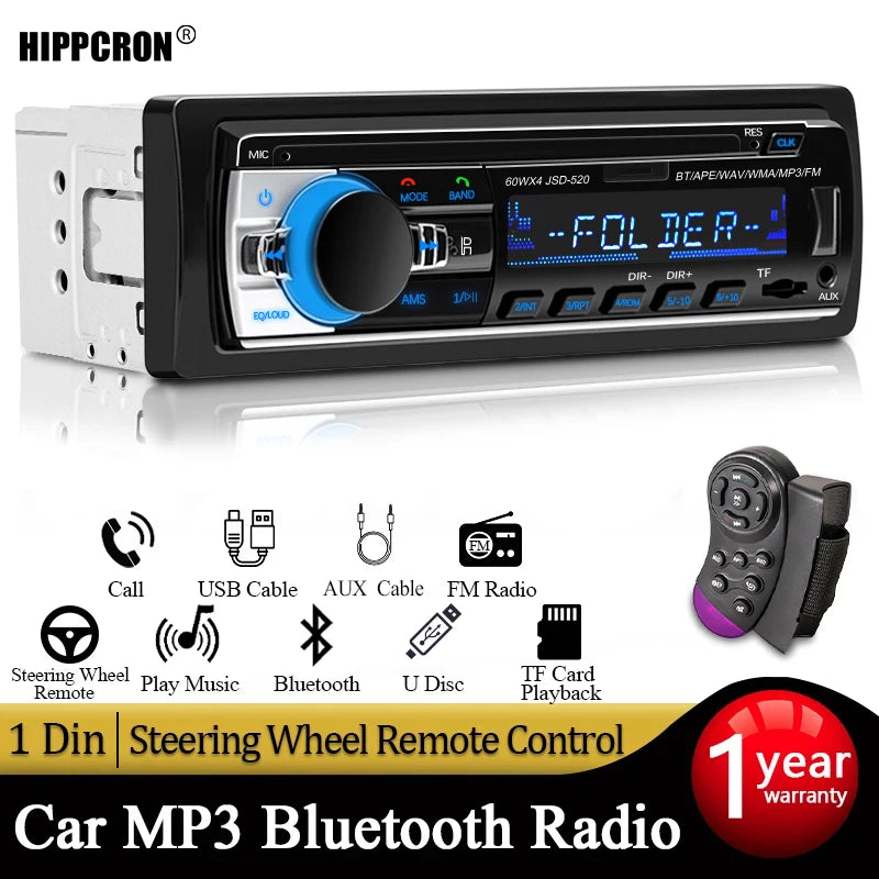Car Radio 1 Din MP3 Player FM Audio Music USB SD Digital Bluetooth with In Dash Slot AUX Input