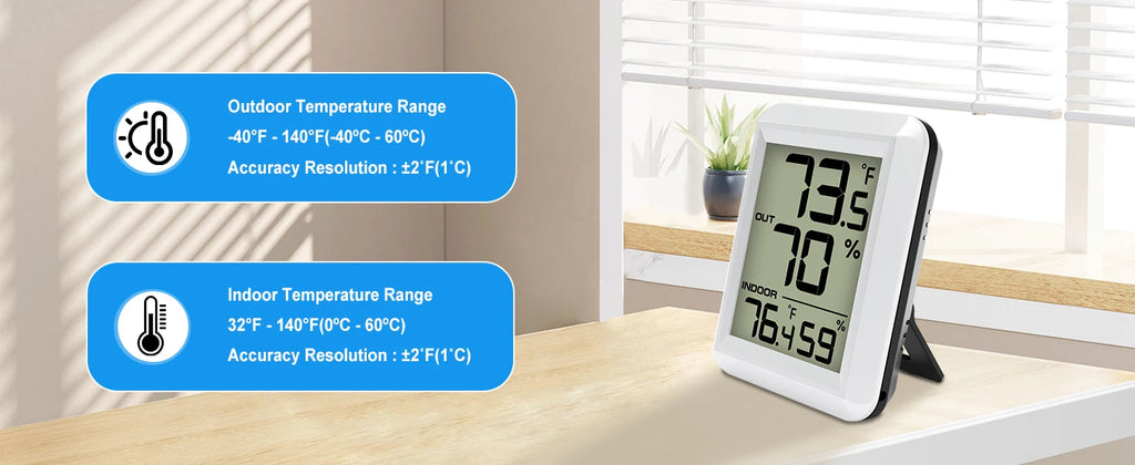LCD Digital Thermometer Hygrometer Wireless Weather Station Thermo-hygrometer 328ft Remote Sensor  Resolution for Home Garden