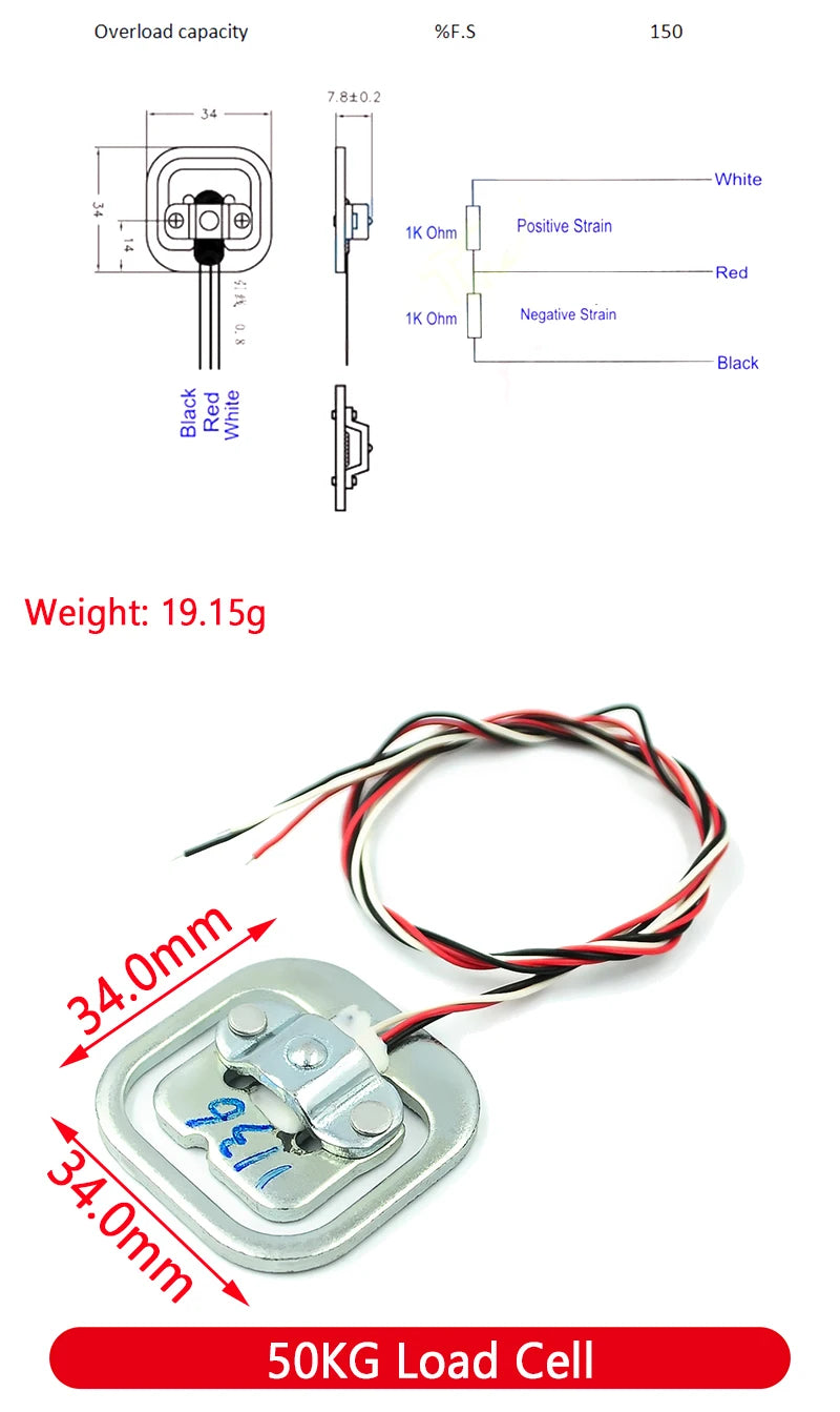 HX711 AD Module Body Load Cell Weighing Sensor Pressure Sensor+4Pcs 50kg Human Scale Load Cell Weight Sensors+Measurement Tools