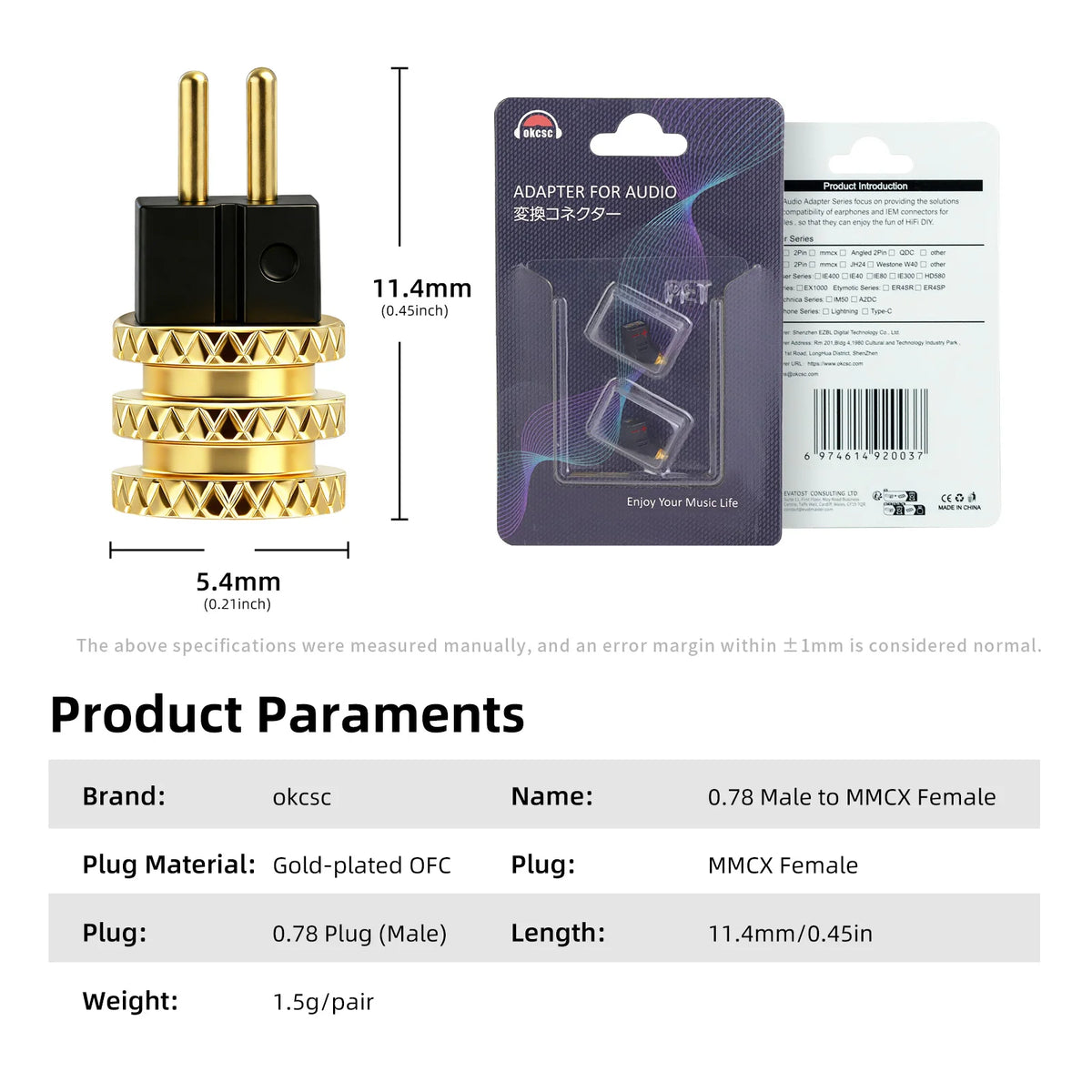 OKCSC Earphones Adapter 0.78mm Male to MMCX Connector for IER-M7\IER-M9IER-Z1R\XBA-300AP\XBA-N3BP\JVC HA-FX850\HA-FX1100\HA-FD02