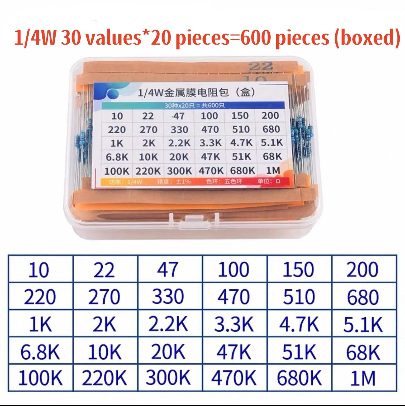 300pcs/600pcs/820pcs 1% Resistor Set Resistance 1/4W Metal Film Resistors Kit 10Ohm ~1M Ohm 30Values Electronic Components Kit