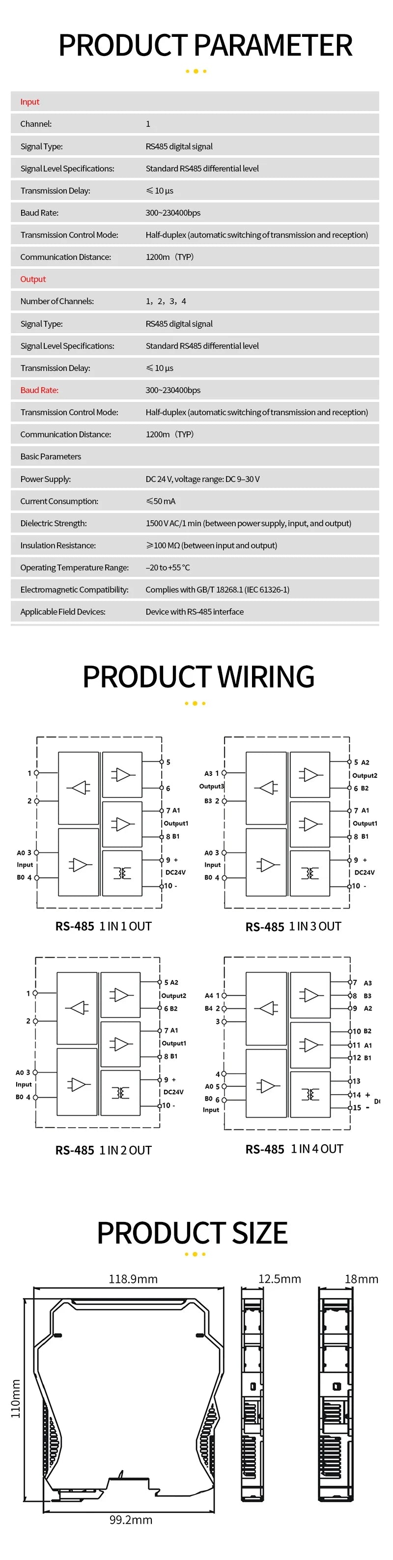 RS485 Repeater Intelligent Isolation 1 In 1 Out 2 Out 4 Out Module Industrial Grade DIN Rail Mounting RS485 Converter