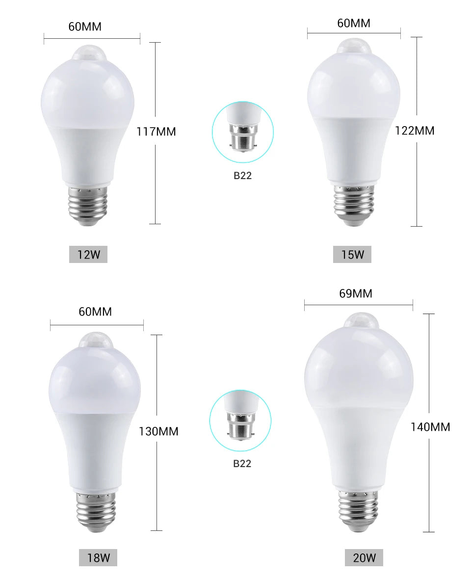 AC 85-265V 12W 15W 18W 20W B22 E27 Motion Sensor LED Light Bulb Human Infrared Sensing LED Lamp Auto ON/OFF Night Light for Home