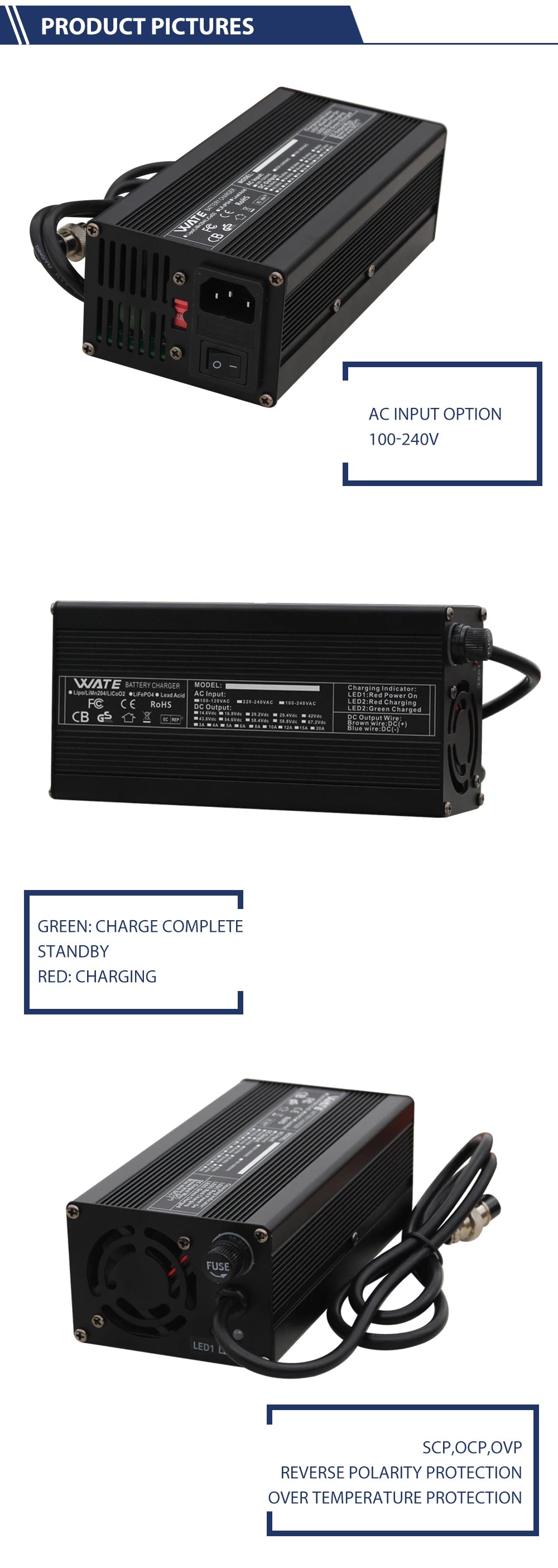 67.2V 5A Lithium Battery Charger For Pack 16S 60V Li-ion Lipo Aluminum Case With Fan