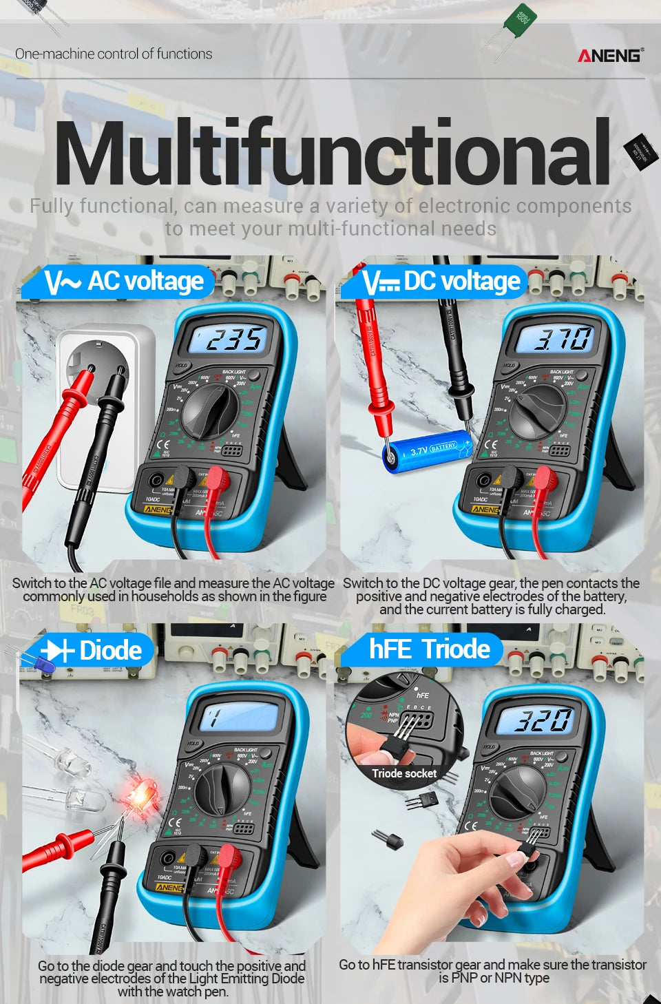 Digital Multimeter 1999 Counts 600V AC/DC Voltage Temp Test for Car Repair ANENG AN8205C Blue Backlight hFE Triode DIY Test Tool