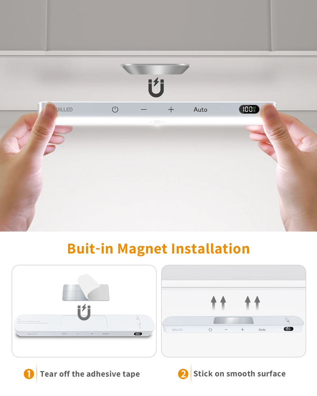WILLED Under Cabinet Lights Rechargeable Battery Display 60 LED Touch Light Bar Motion Sensor Light Closet Light Night Lights