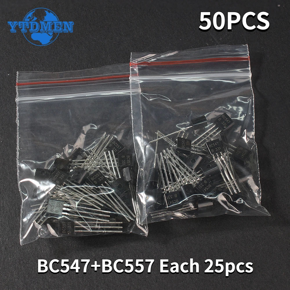 50PCS Transistor BC547 BC557 TO-92 NPN PNP Power Triode Transistors Kit Free Shipping