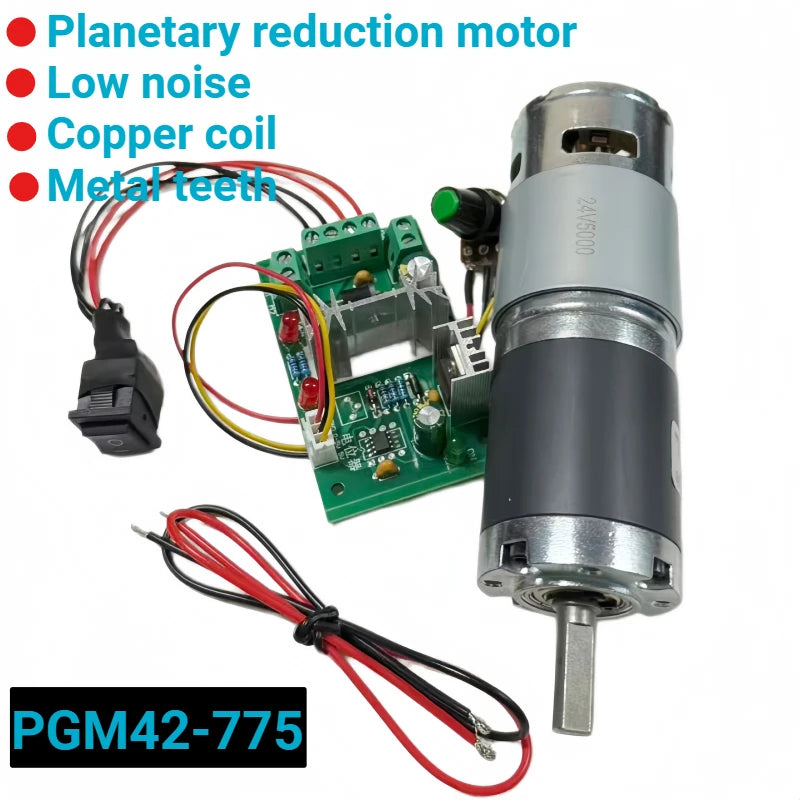 With the controller PGM42-775, this DC gear reducer motor offers adjustable forward and reverse rotation and has a high torque.