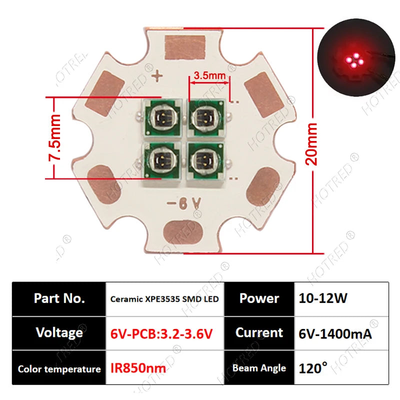 10W High Power LED Chip IR Infrared 660nm 680/730/760/810/850nm 12W 3535 Bead 2V 4V 8V 700/1400/2800mA For Night Vision Security