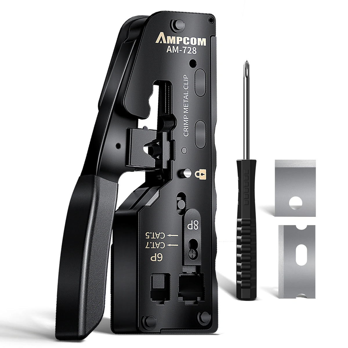 AMPCOM rj45 Crimper CAT7 Crimping Tool for Pass Through RJ11 RJ 45 Connector CAT6 CAT5E Modular Plugs With Wire Stripper Cutter