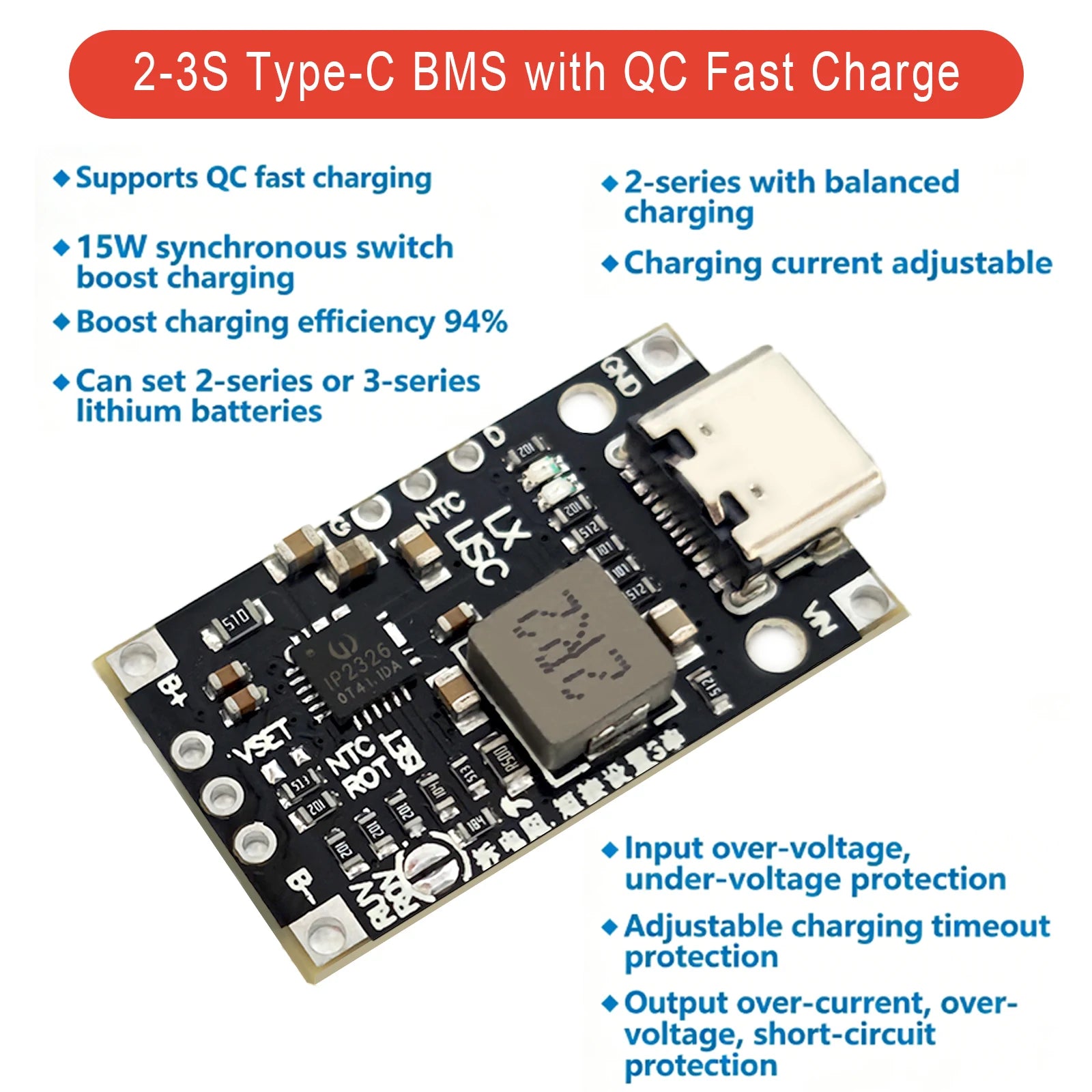 1-10PCS Type-C BMS with Balance Charging 15W Fast Charge Li-ion Battery Boost Module 2S 3S 8.4V 12.6V for DIY BMS PCB High