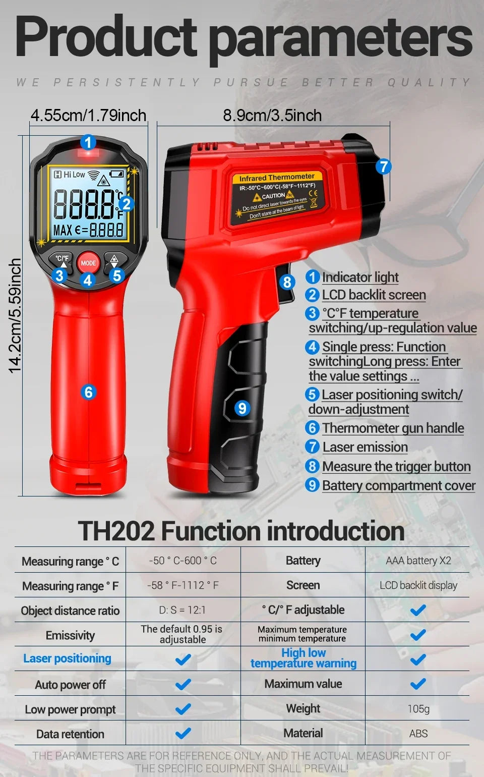Infrared Thermometer ANENG Non-contact -50~600℃ Digital Laser Temperature Meter TH202 LCD Display Pyrometer Point Gun Tester