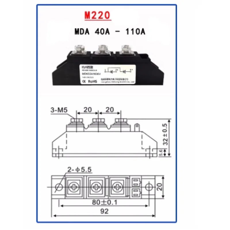 Anti reflection diode MDA55A Common Anode Diode Module100A 25A 40A 70A 90A 110A1600V Rectification Anti Backcharge MDA100-16