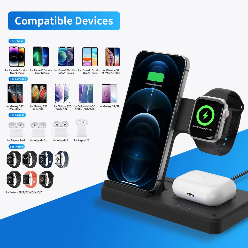 15W Magnetic Wireless Charger 3 In 1 Fast Charging Station Travel Foldable for Magsafe iPhone 1716/15/14 Apple Watch AirPods Pro