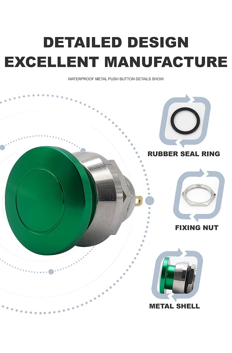 Metal Push Button Switch 12mm Waterproof Momentary Self Reset without Fixation Mushroom Head Switch Oxidation Green 1A 1NO 2pins