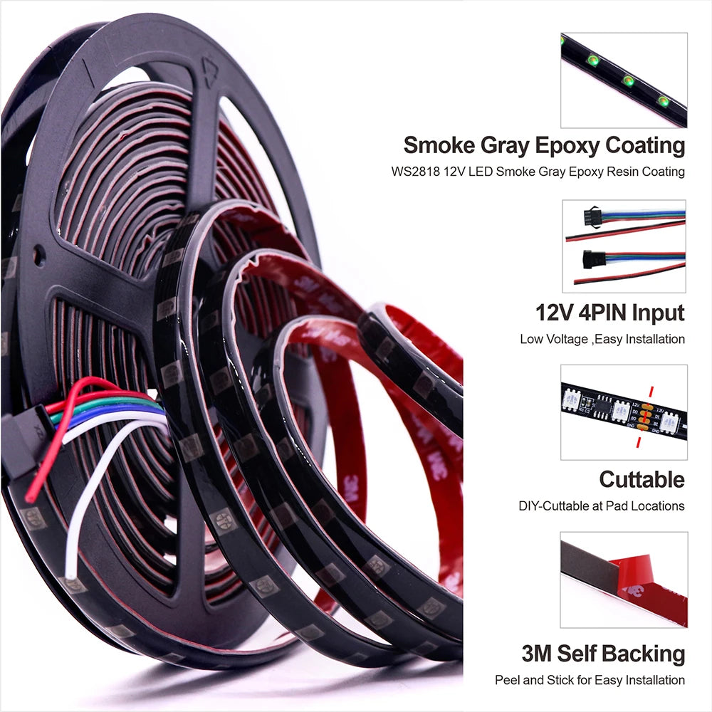 DC12V WS2818 RGB LED Strip 5M Smoke Gray Epoxy Coating Breakpoint Resume Individually Addressable 3M Adhesive Cuttable Dream Col