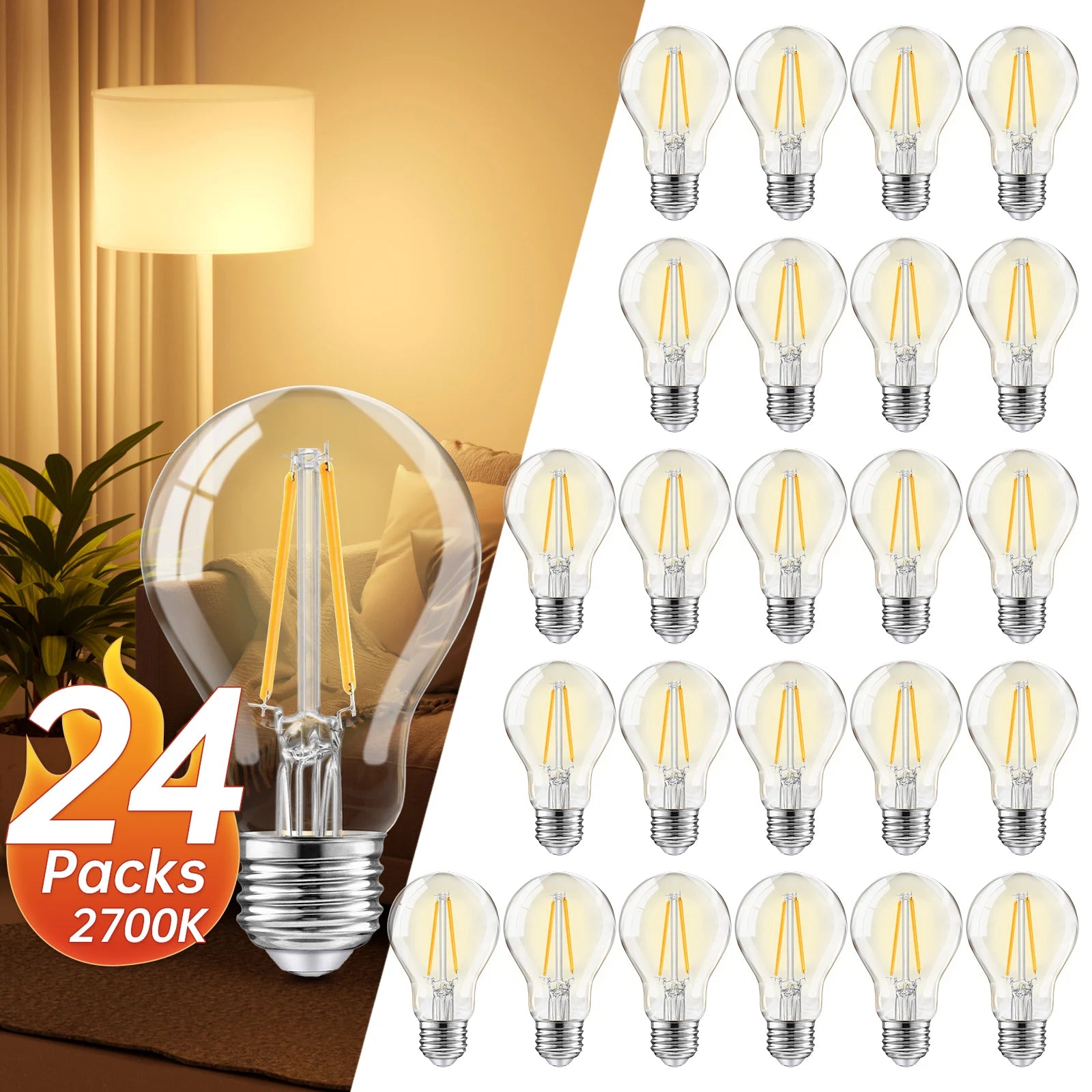 Vintage LED Filament Bulb , Edison Style Non-Dimmable, 2700K Amber Warm White A19 Bulb, Amber Glass, for Pendant Lights, Ceiling Lights, Restaurants, Cafe Home Decoration Lighting，4/6/12/24pack