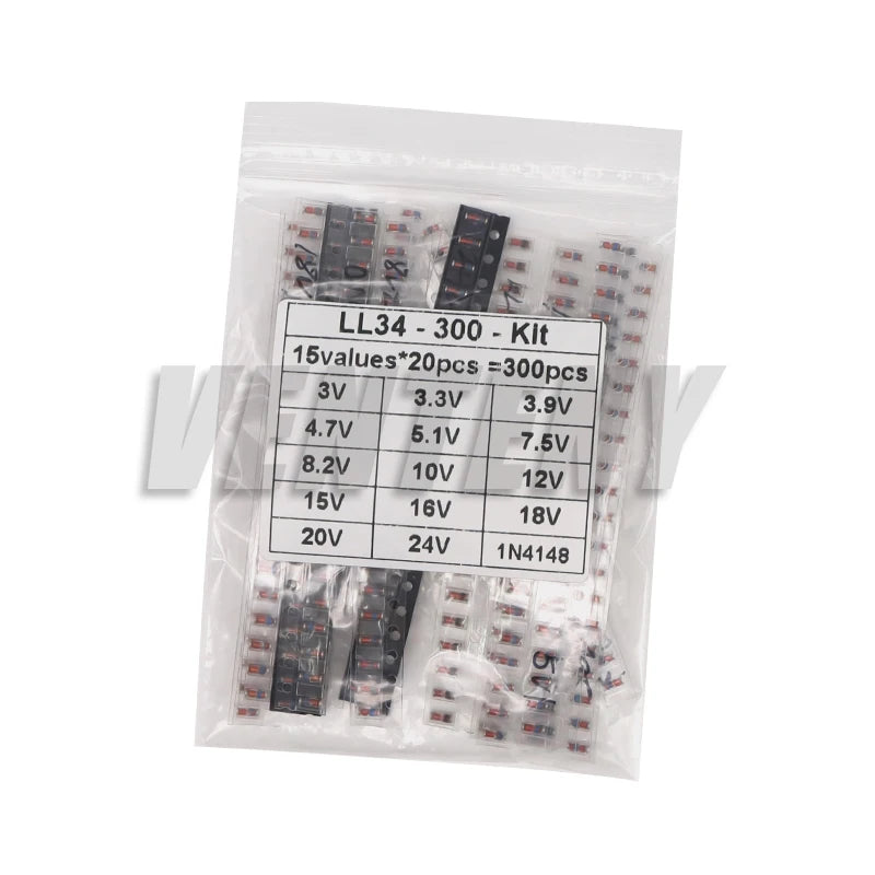 300PCS SMD LL34 Zener Diode Kit 0.5W 1/2W 3Va-24V 2V-39V SMD Diode Set 1N4148