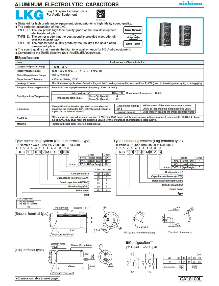2PCS nichicon LKG TYPE-III 680UF 1000UF 2200UF 25V 35V 50V 63V 100V Super Through Audio Capacitor HI-FI KG free shipping