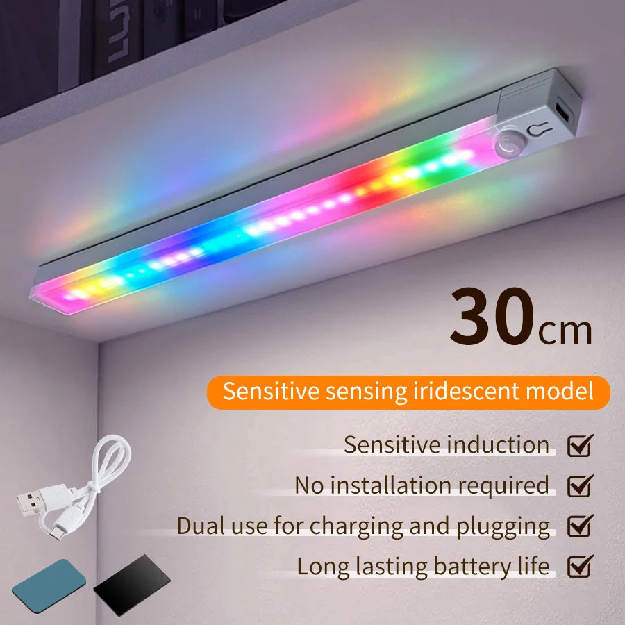 30cm 50cm Magnetic LED RGB Cabinet Light with Motion Sensor USB-C Wireless Night Light with 5 Modes for Closet Gaming Atmosphere