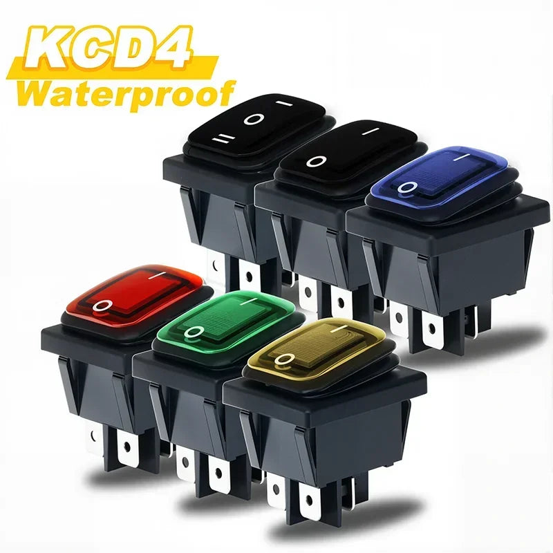 2Pcs KCD4 IP67 Waterproof 4Pin Rocker Switch Auto Boat Marine DPDT 12V/220V Heavy Duty Push Button Switch with LED Light