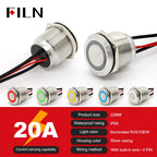 19mm 22mm 20A 12V 24V 110V 220V High Current IP68 Waterproof Flat Ring Round Push Button Switch Metal Stainless Steel 20cm Wire