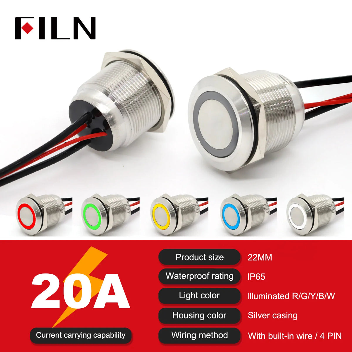 19mm 22mm 20A 12V 24V 110V 220V High Current IP68 Waterproof Flat Ring Round Push Button Switch Metal Stainless Steel 20cm Wire