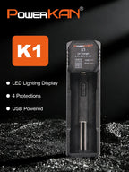POWERKAN K1 1 Slot Smart Charger, Type-C Fast Charger for 18650 21700 26650 Li-ion Batteries