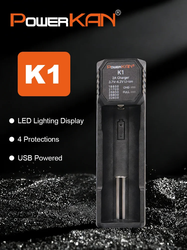 POWERKAN K1 1 Slot Smart Charger, Type-C Fast Charger for 18650 21700 26650 Li-ion Batteries