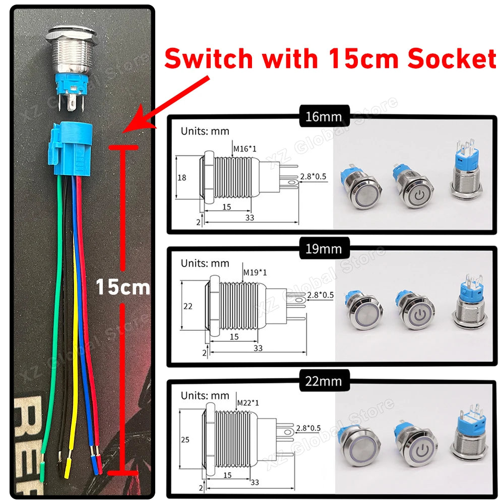 Customization Metal Push Button Switch with Wire 16/19/22mm DIY Refitting ON OFF for Car Boat Waterproof LED Light 12V 24V