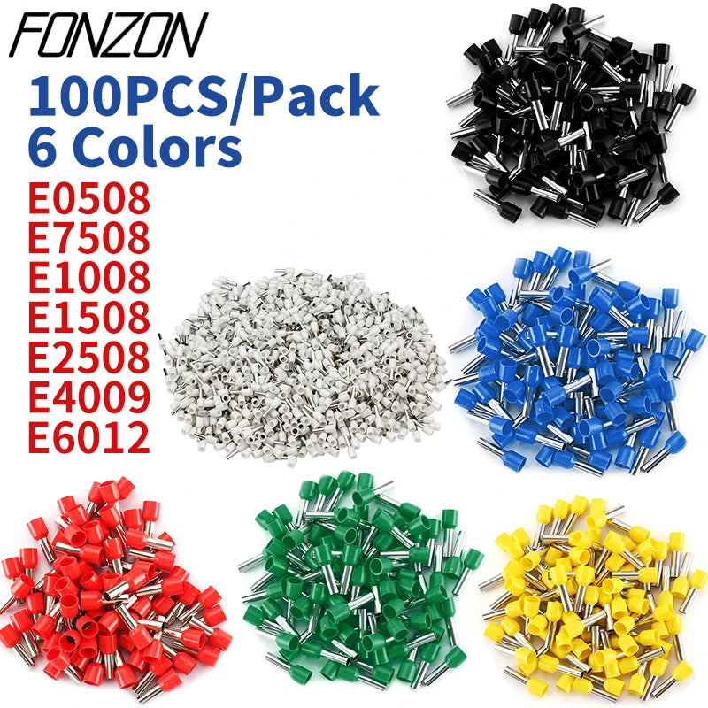 100PCS/pack Insulated Wire Crimp Terminals E0508 1008 1508 7508 2508 Tubular Pressure Wire Ferrule Connectors Pin-Type Connector