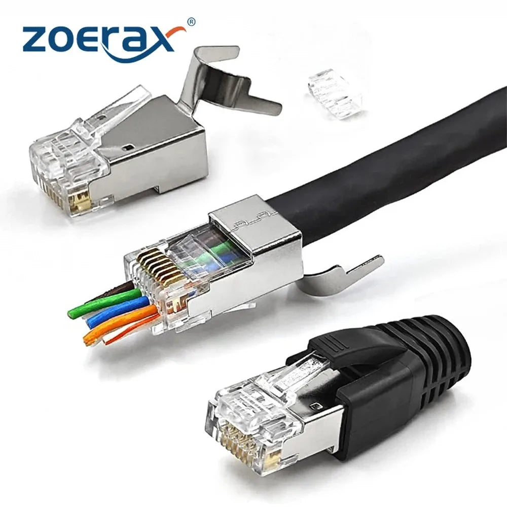 ZoeRax RJ45 Cat8 Cat7 Cat6A Pass Through Shielded Connector Modular Network 3-Prong 50μ Gold-Plated Plug with Strain Relief Boot