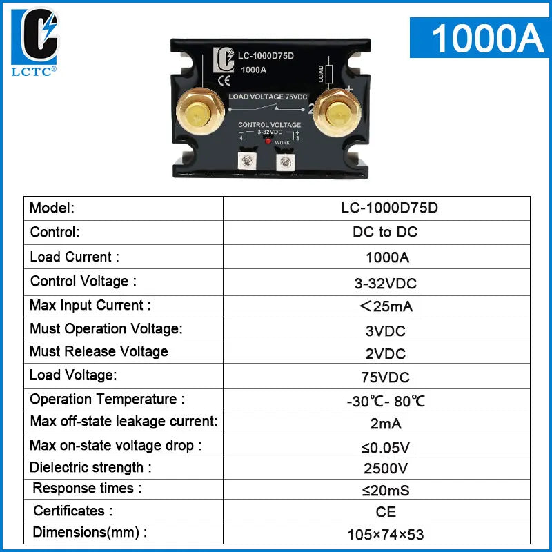 LCTC DC Control DC Solid State Relay 500A 1000A With Radiator SSR Heat Sink High Power Controller 3-32VDC LC-500D75D