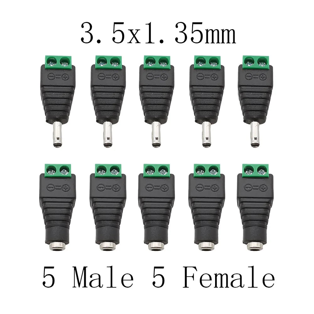 10Pcs DC 12V Male Female Socket Connectors 3.5 x 1.35mm DC Power Plug Jack to Screw Terminals Adapter for Led Strip Light DIY