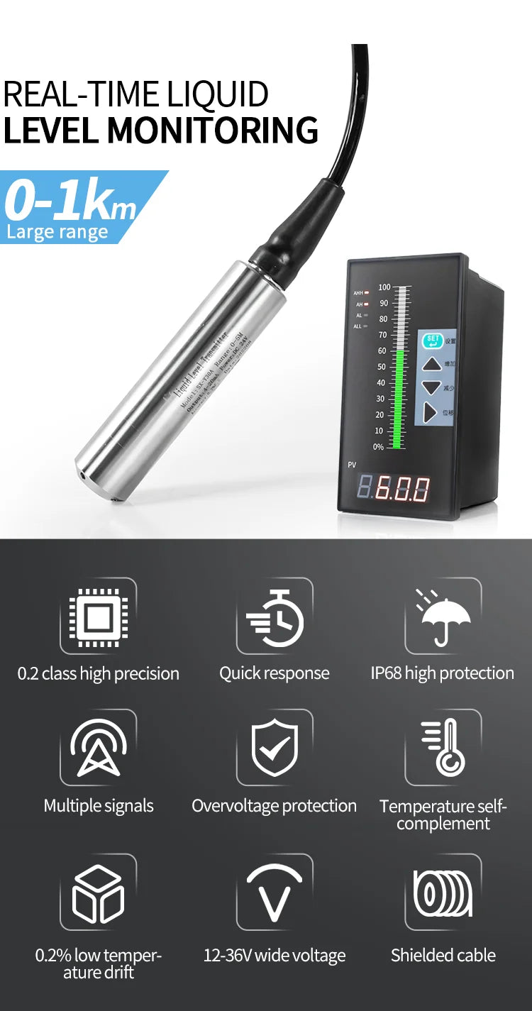 0-80M Range Liquid Level Transmitter 5M 10M to 4-20mA 0-10V 0-3.3V Output Water Pressure Level Sensor Probe for Tank Deep Well