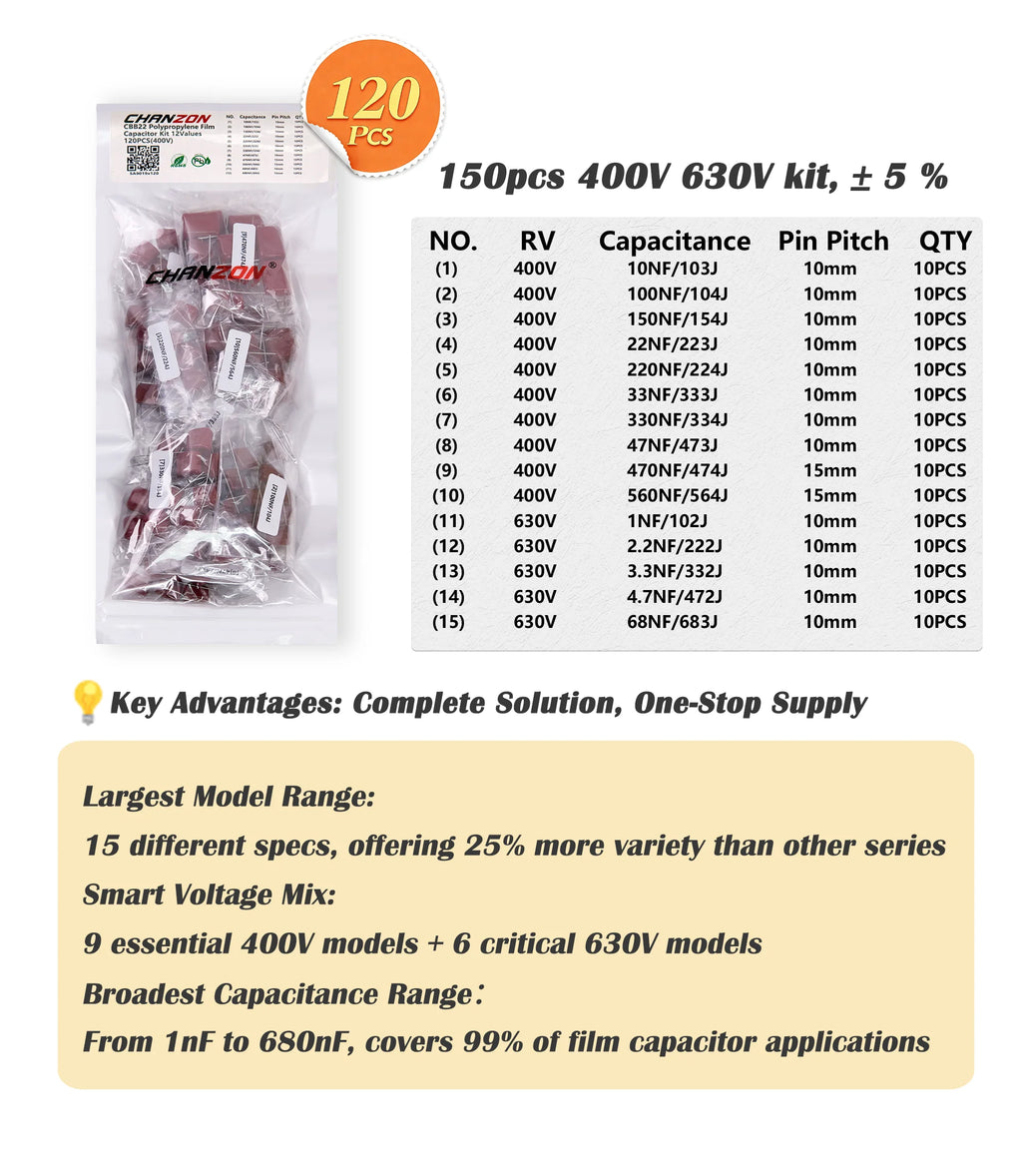 CBB22 Metalized Polypropylene Film Capacitor Assortment Kit 100PF to 820nF 100V-630V Electronic Component for Circuit DIY Repair